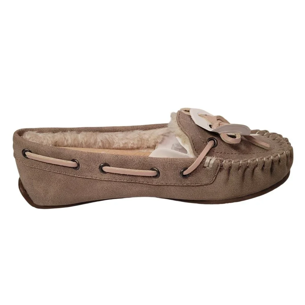 Lucky Brand Youth Girls Moccasin Slippers Size 1 Faux Fur Lined Taupe